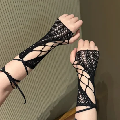 Strappy Lace-Up Fishnet Fingerless Gloves - Image 3