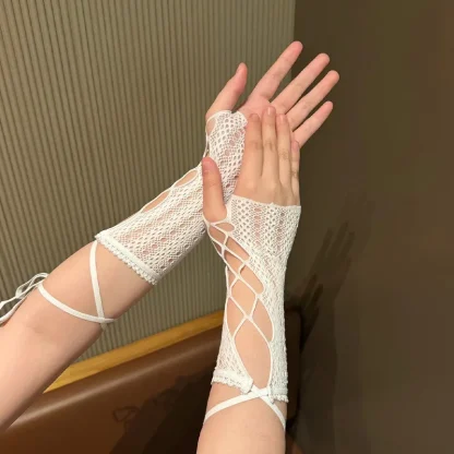 Strappy Lace-Up Fishnet Fingerless Gloves
