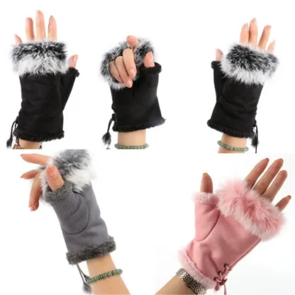 Adjustable Lace-up Half Gloves with Plush - Image 2