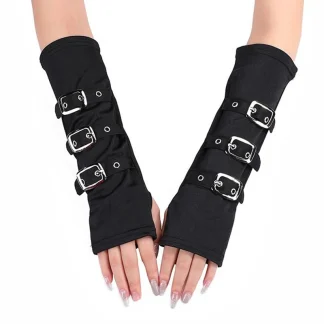Black Fingerless Gloves with Buckle Decor