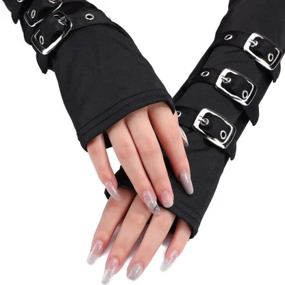 Black Fingerless Gloves with Buckle Decor - Image 2