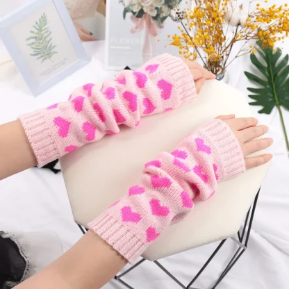 Knitted Half Finger Gloves with Heart Pattern - Image 2