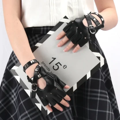 Black Fingerless Gloves with Rivet Design - Image 2