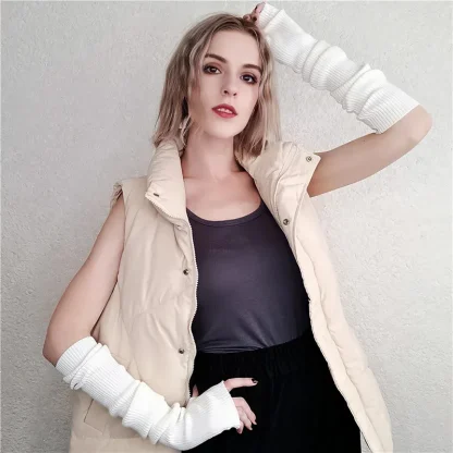 Knitted Solid Color Warmer Fingerless Gloves - Image 2