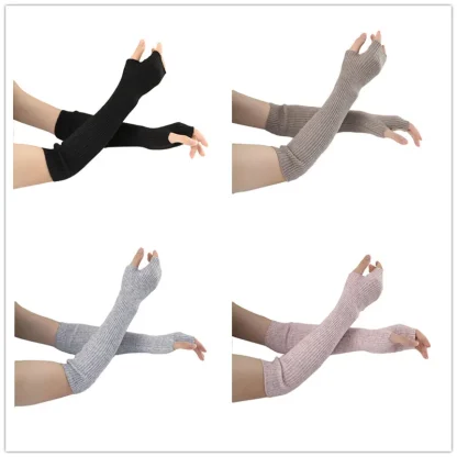 Knitted Solid Color Warmer Fingerless Gloves - Image 4