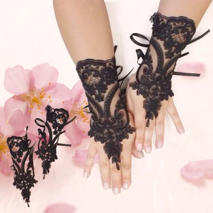Sheer Lace Fingerless Gloves with Floral Design - Image 2