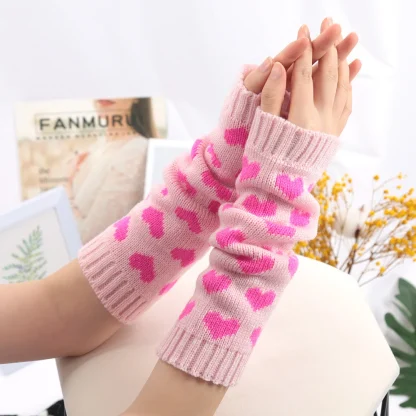 Knitted Half Finger Gloves with Heart Pattern - Image 3