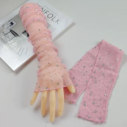 See-through Half Finger Gloves with Glitter Design - Image 3