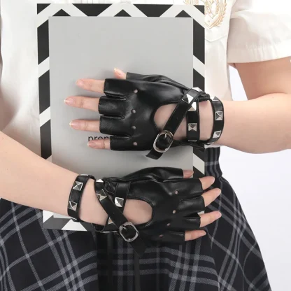 Black Fingerless Gloves with Rivet Design - Image 6